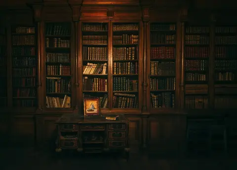 Alte Bibliothek mit warmer Schreibtischlampe