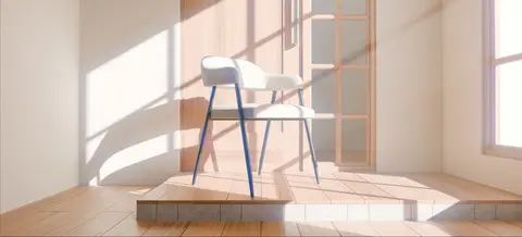 Ein Stuhl in einem lichtdurchfluteten Raum mit sanften Lavendeltönen