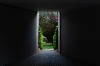 Ein offener Durchgang fuehrt aus einem dunklen Raum hinaus in einen grünen Garten