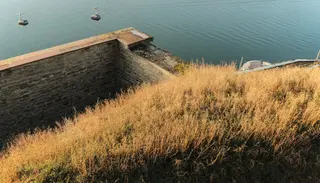 Trockenes Gras auf einer Steinmauer ueber dem Wasser, natürliche Grenze