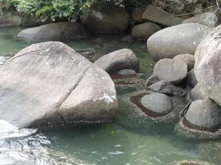 Glatte Flusssteine natürlich angeordnet in klarem flachem Wasser