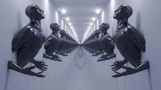 Unendlicher Korridor mit sich spiegelnden Figuren, visueller Regress